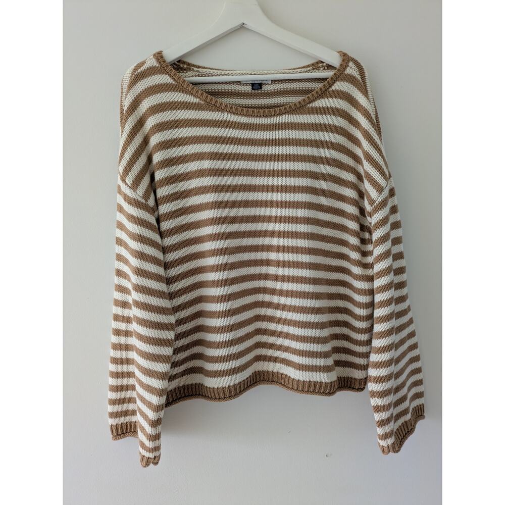 American Eagle Striped Oversized Crew Neck Knit Sweater - Tan & White - Picture 2 of 5